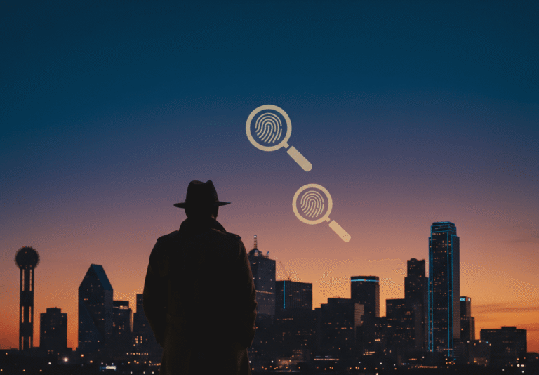 image of dallas skyline and a private investigator