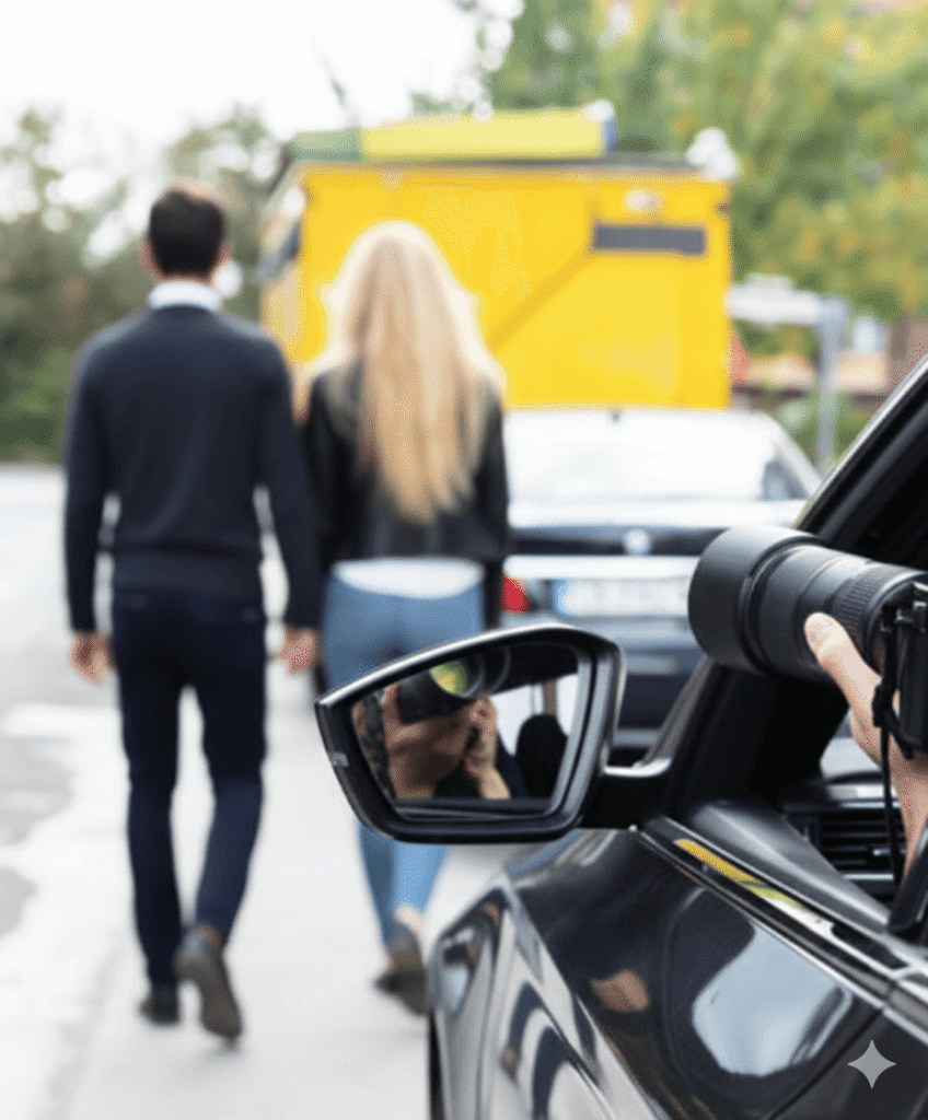 image of a couple being photographed by an infidelity investigator from behind. The image shows a camera protruding out of a car window